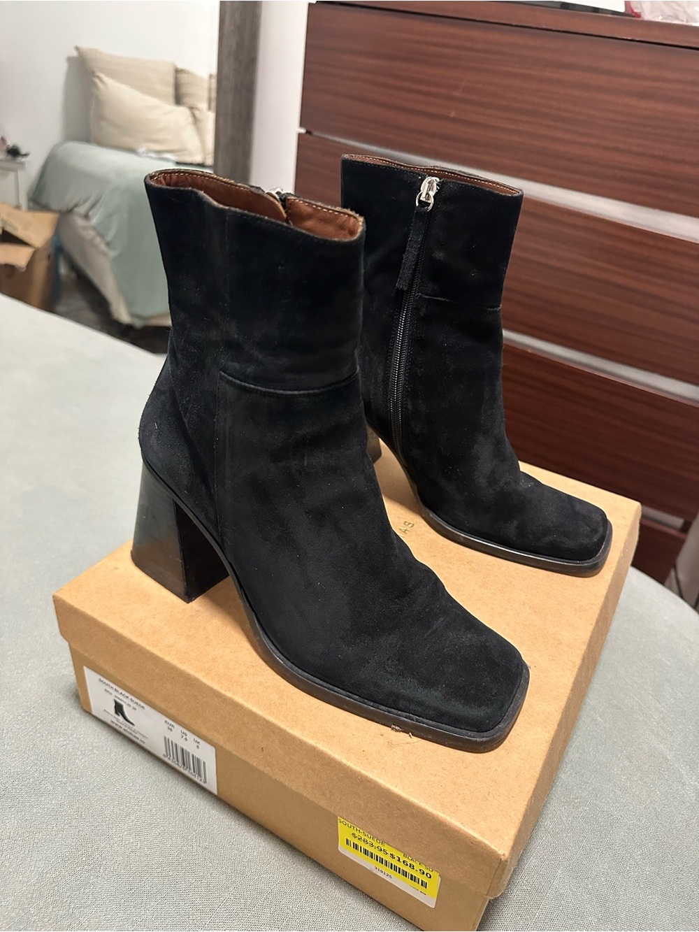ALOHAS Black Suede Square-Toe Ankle Boots with Block Heel